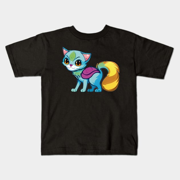 Adorable Cartoon Cat with Golden Tail and Backpack Kids T-Shirt by ImaginativeInkPOD